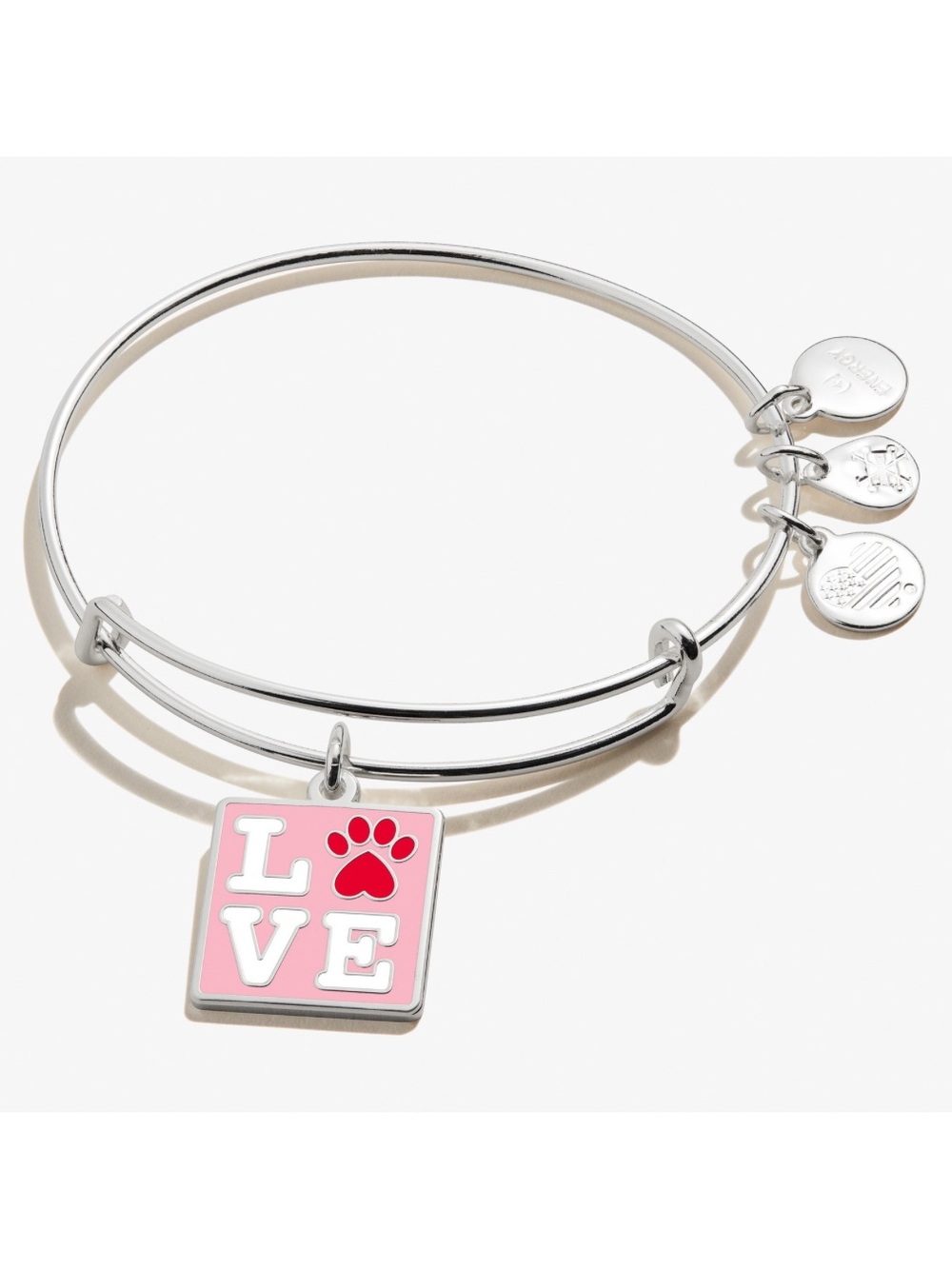 NWT! Alex and Ani Stamp Of Love Charm Bangle Bracelet with Pink Enamel - Silver